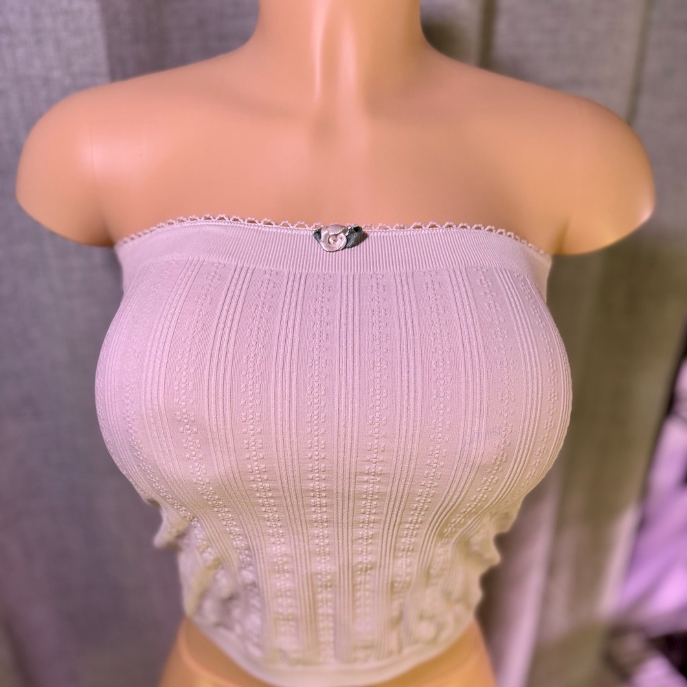 Cream center button floral Strapless Camisole : Crop Top